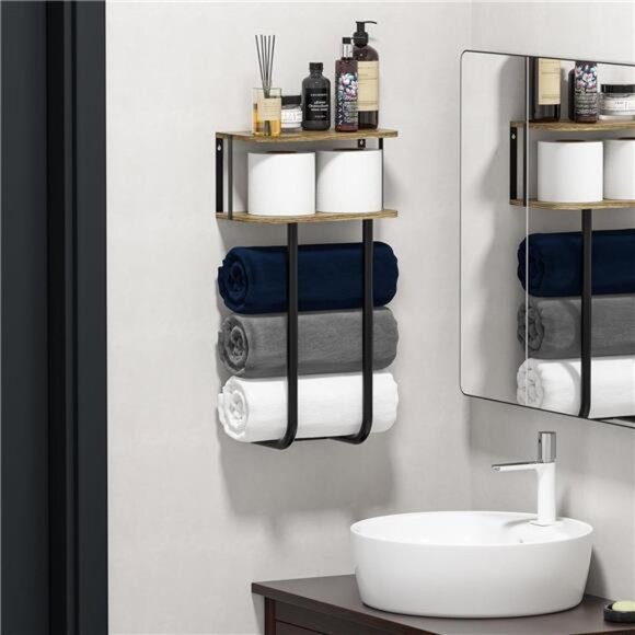 Towel Racks with 2-Tier Wood Shelf, Bathroom Shelves Wall Mounted - Picture 5 of 7